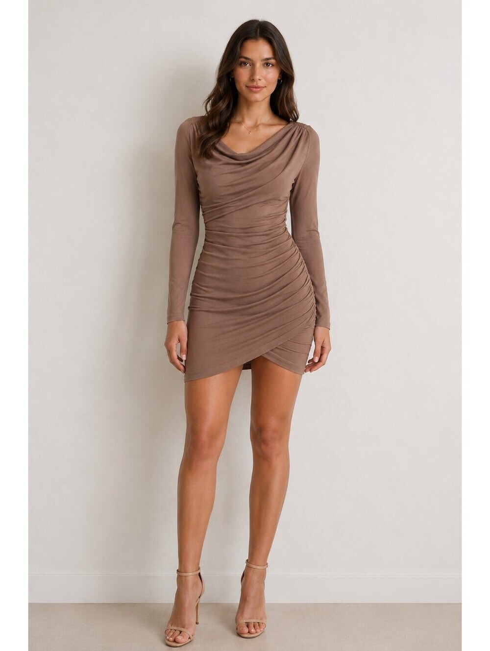 Susana Monaco Ruched Bodycon Dress Taupe Long Sleeve Stretch Mini